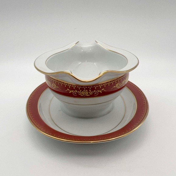 Noritake Goldhill 6613 Gravy Boat w Underplate Red Gold Trim Japan EUC